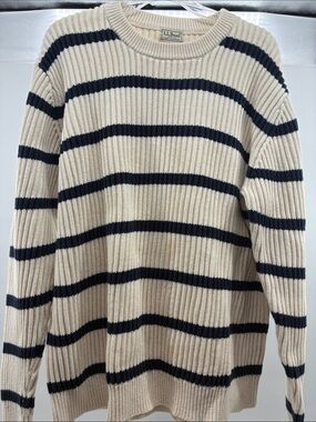L.L. Bean Men's Cream Crewneck Sweater with Navy Stripes